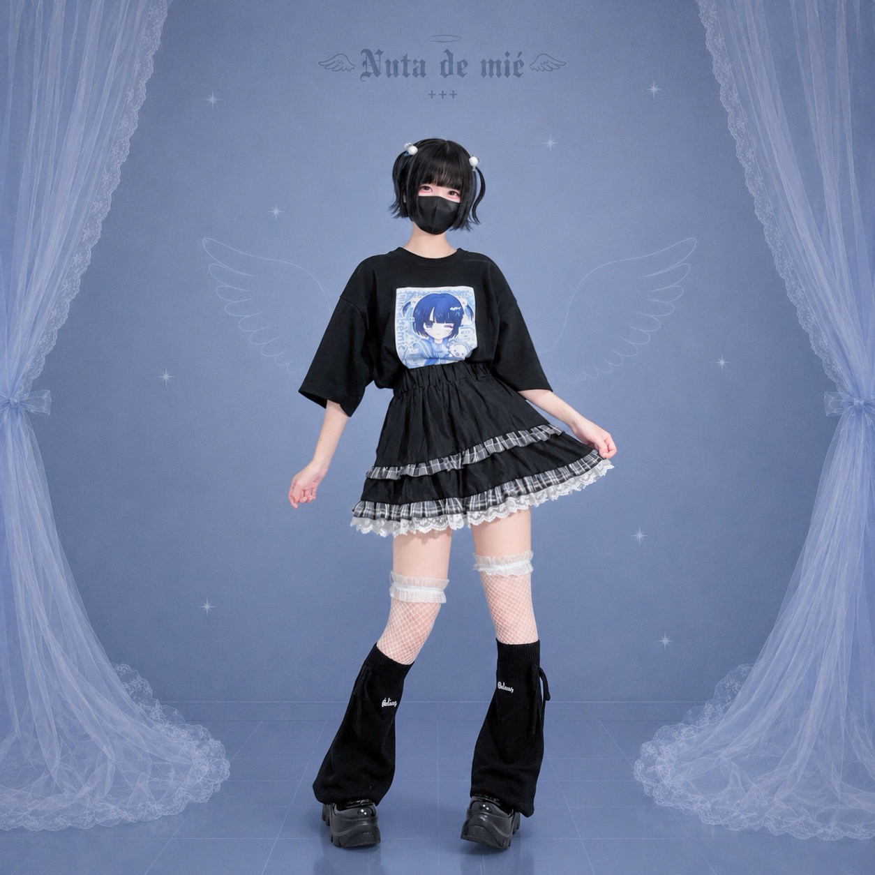天使の生配信おTシャツ/black