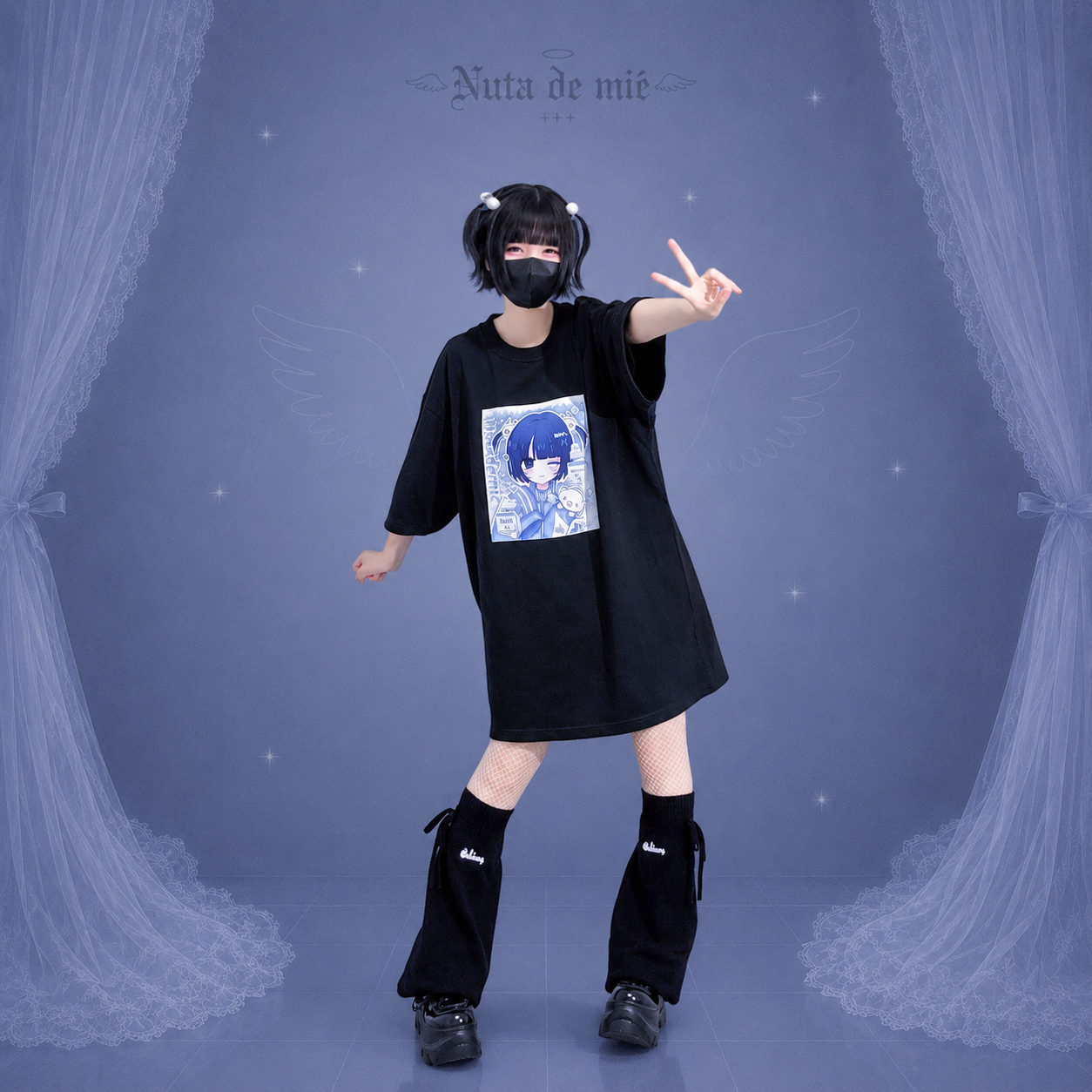 天使の生配信おTシャツ/black